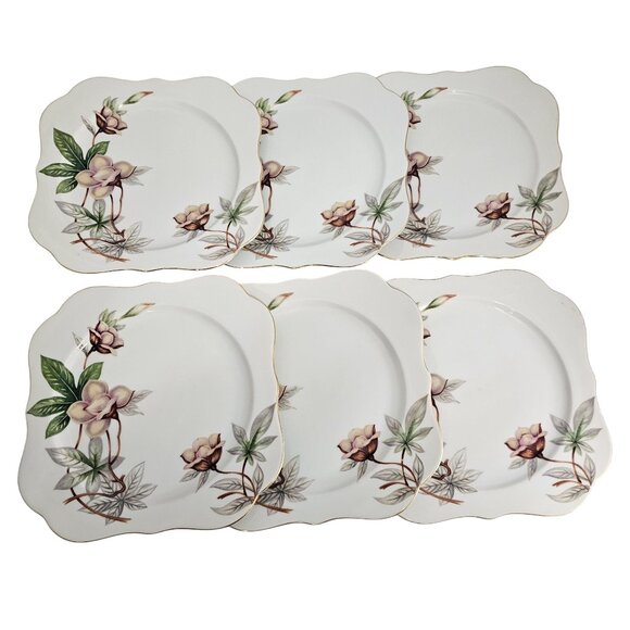 6 Blue Woodrose Square Lunch Plate 7.5" Meito Japan salad gold scalloped edge vt - Picture 2 of 9